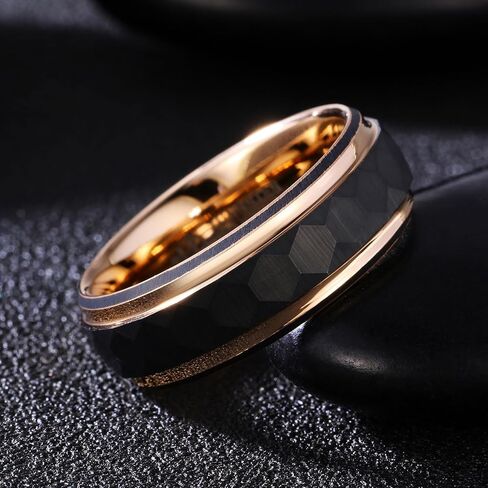 Men's Black Tungsten Carbide Ring with Rose Gold Lines - Single Step Hammered Finish, Comfort Fit, Hypoallergenic Wedding Band (8mm Width) in Saudi Arabia