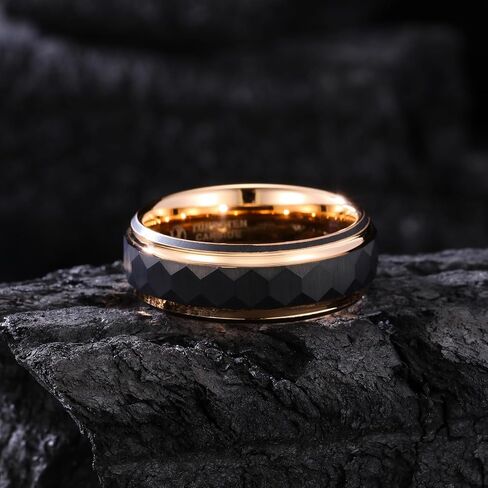 Men's Black Tungsten Carbide Ring with Rose Gold Lines - Single Step Hammered Finish, Comfort Fit, Hypoallergenic Wedding Band (8mm Width) in Saudi Arabia