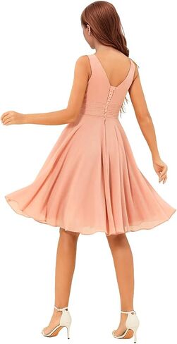 Junior Bridesmaid Dresses Chiffon Short Flower Girl Dresses for Teen Girls Formal Dress V-Neck Pleated Wedding Gown in Saudi Arabia