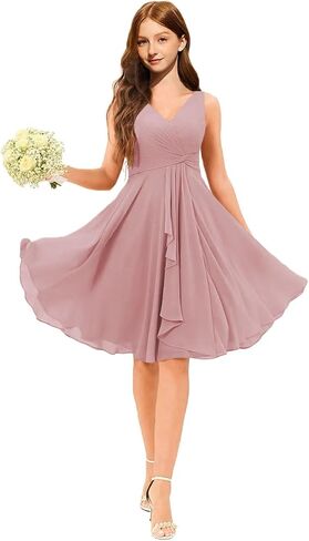 Junior Bridesmaid Dresses Chiffon Short Flower Girl Dresses for Teen Girls Formal Dress V-Neck Pleated Wedding Gown in Saudi Arabia