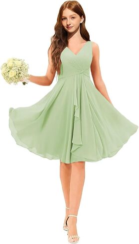 Junior Bridesmaid Dresses Chiffon Short Flower Girl Dresses for Teen Girls Formal Dress V-Neck Pleated Wedding Gown in Saudi Arabia