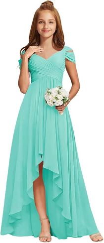 Junior Bridesmaid Dresses Off Shoulder Chiffon Ruched Flower Girl Dress for Wedding Guest V-Neck Girls Formal Dress High Low in Saudi Arabia