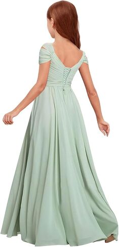 Junior Bridesmaid Dresses Off Shoulder Chiffon Ruched Flower Girl Dress for Wedding Guest V-Neck Girls Formal Dress High Low in Saudi Arabia