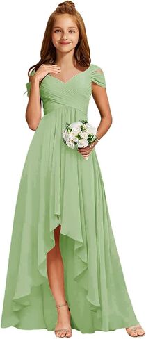 Junior Bridesmaid Dresses Off Shoulder Chiffon Ruched Flower Girl Dress for Wedding Guest V-Neck Girls Formal Dress High Low in Saudi Arabia