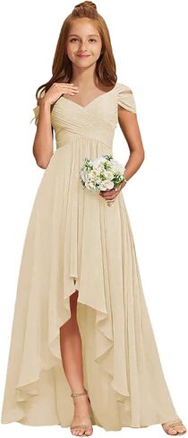 Junior Bridesmaid Dresses Off Shoulder Chiffon Ruched Flower Girl Dress for Wedding Guest V-Neck Girls Formal Dress High Low in Saudi Arabia