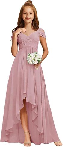 Junior Bridesmaid Dresses Off Shoulder Chiffon Ruched Flower Girl Dress for Wedding Guest V-Neck Girls Formal Dress High Low in Saudi Arabia
