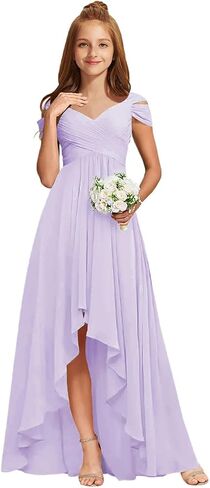Junior Bridesmaid Dresses Off Shoulder Chiffon Ruched Flower Girl Dress for Wedding Guest V-Neck Girls Formal Dress High Low in Saudi Arabia