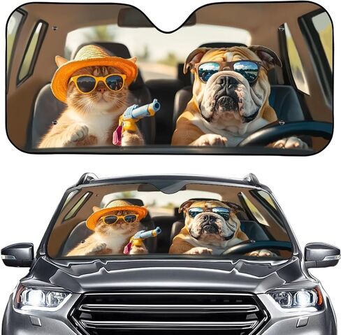 Car Sun Shade 57 ×27 in Foldable Automotive Front Window Sunshade Protector UV Protection Car Decoration Universal Vehicle Interior Accessories Funny Dog Cat Print in Saudi Arabia