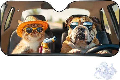 Car Sun Shade 57 ×27 in Foldable Automotive Front Window Sunshade Protector UV Protection Car Decoration Universal Vehicle Interior Accessories Funny Dog Cat Print in Saudi Arabia