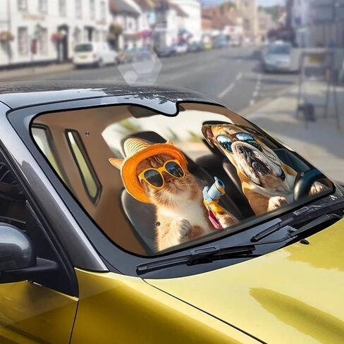 Car Sun Shade 57 ×27 in Foldable Automotive Front Window Sunshade Protector UV Protection Car Decoration Universal Vehicle Interior Accessories Funny Dog Cat Print in Saudi Arabia