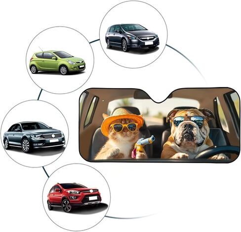 Car Sun Shade 57 ×27 in Foldable Automotive Front Window Sunshade Protector UV Protection Car Decoration Universal Vehicle Interior Accessories Funny Dog Cat Print in Saudi Arabia