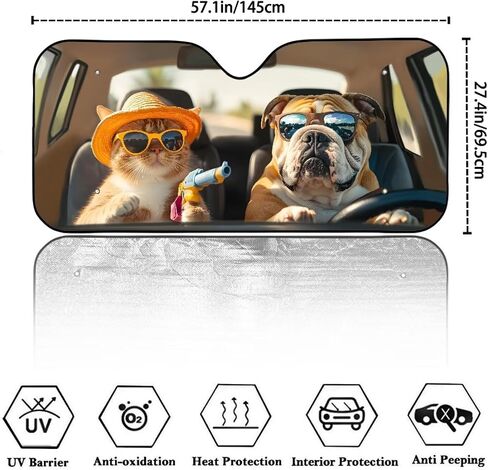 Car Sun Shade 57 ×27 in Foldable Automotive Front Window Sunshade Protector UV Protection Car Decoration Universal Vehicle Interior Accessories Funny Dog Cat Print in Saudi Arabia