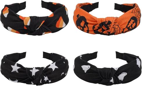 Lonext 4PCS Halloween Headbands for Women Knotted Headband with Spooky Ghost Pumpkin Corn Spider Skeleton Halloween Hair Accessories for Girls in Kuwait