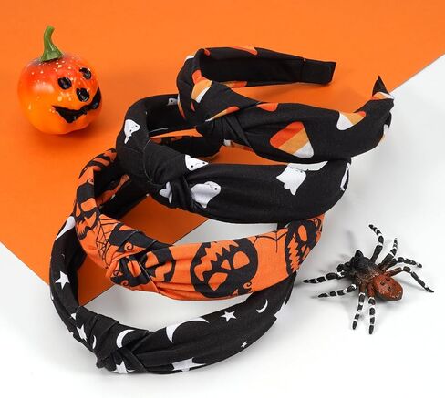 Lonext 4PCS Halloween Headbands for Women Knotted Headband with Spooky Ghost Pumpkin Corn Spider Skeleton Halloween Hair Accessories for Girls in Kuwait