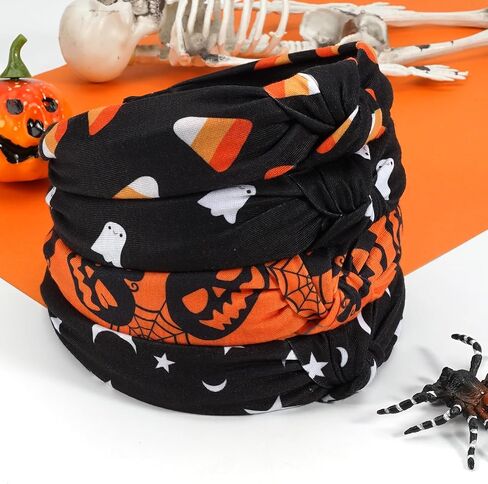 Lonext 4PCS Halloween Headbands for Women Knotted Headband with Spooky Ghost Pumpkin Corn Spider Skeleton Halloween Hair Accessories for Girls in Kuwait
