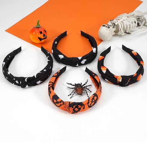 Lonext 4PCS Halloween Headbands for Women Knotted Headband with Spooky Ghost Pumpkin Corn Spider Skeleton Halloween Hair Accessories for Girls in Kuwait