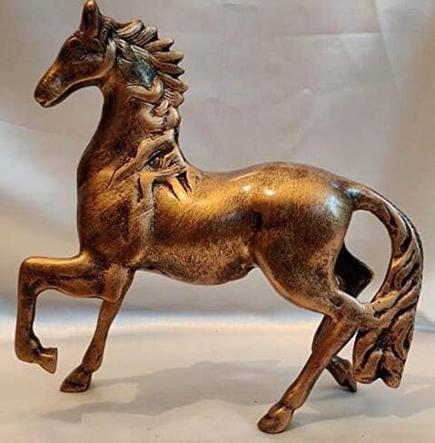 DEALORA Global Riding Horse Copper Gold Antique Animal Figure(24x9x24 cm) Home Decor Gifting Statue for Vastu Feng Shui Positive Energy & Vibration; Made in India in Saudi Arabia