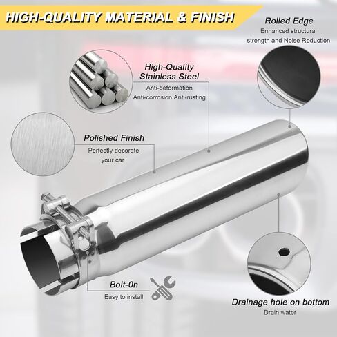 2.5 inch Inlet Exhaust Tip, 3" Outlet 12" Overall Length Stainless Steel Exhaust Tail Pipe, Clamp-On, Rolled Edge, Slant Sleek Angle Cut, Polished Tailpipe, Silvery in Saudi Arabia