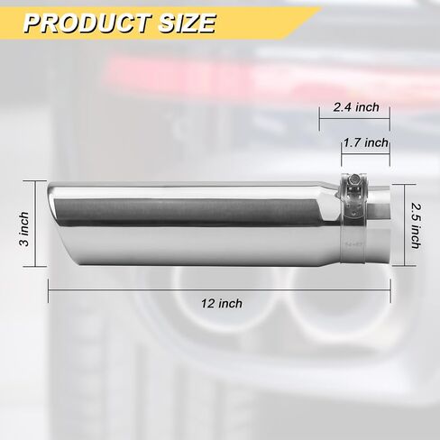 2.5 inch Inlet Exhaust Tip, 3" Outlet 12" Overall Length Stainless Steel Exhaust Tail Pipe, Clamp-On, Rolled Edge, Slant Sleek Angle Cut, Polished Tailpipe, Silvery in Saudi Arabia