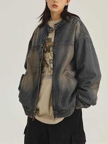 Vintage Denim Jacket for Women Oversized Jean Jacket Men Grunge Long Sleeve Cute Zip Up Y2K Coat Jacket Goth Clothes in Saudi Arabia