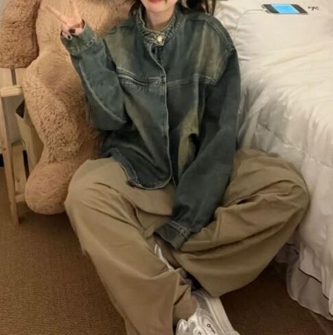 Vintage Denim Jacket for Women Oversized Jean Jacket Men Grunge Long Sleeve Cute Zip Up Y2K Coat Jacket Goth Clothes in Saudi Arabia