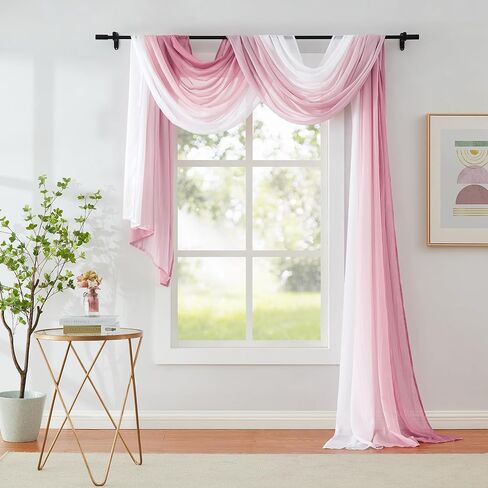 Pink Ombre Chiffon Sheer Window Scarf Valance Living Room 216 Inch Long | Curtain 18ft for Girls Bedroom Decor, 52"W Crinkle Soft Window Semi Sheer Valance for Holiday, Wedding Party Decor, 1 Piece in Saudi Arabia