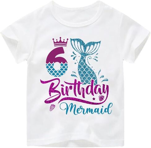 6th Birthday Shirt for Girls, Dress for Girls, T Shirt for 6 Year Old Gift Outfit, Decoration Mermaid Clothes White in Saudi Arabia
