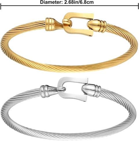 2pcs Twisted Cable Wire Bracelets, Stainless Steel Twisted Cable Wire Bangle Cuff with Hook Clasp for Women (Silver & Gold) in Saudi Arabia