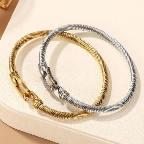 2pcs Twisted Cable Wire Bracelets, Stainless Steel Twisted Cable Wire Bangle Cuff with Hook Clasp for Women (Silver & Gold) in Saudi Arabia
