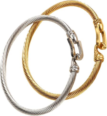 2pcs Twisted Cable Wire Bracelets, Stainless Steel Twisted Cable Wire Bangle Cuff with Hook Clasp for Women (Silver & Gold) in Saudi Arabia
