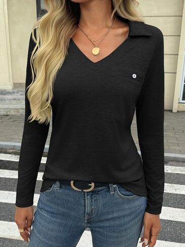 Tankaneo Womens Long Sleeve Polo Shirts V Neck Fall Dressy Casual Collared Tops Loose Fit Work Shirt in Saudi Arabia