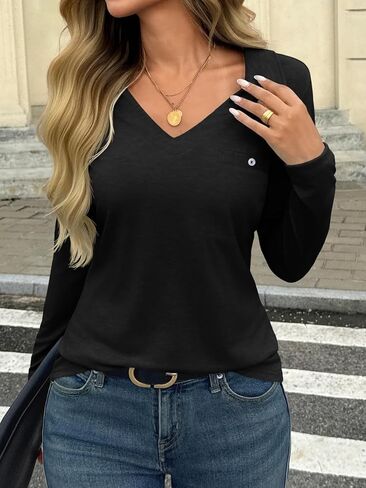 Tankaneo Womens Long Sleeve Polo Shirts V Neck Fall Dressy Casual Collared Tops Loose Fit Work Shirt in Saudi Arabia