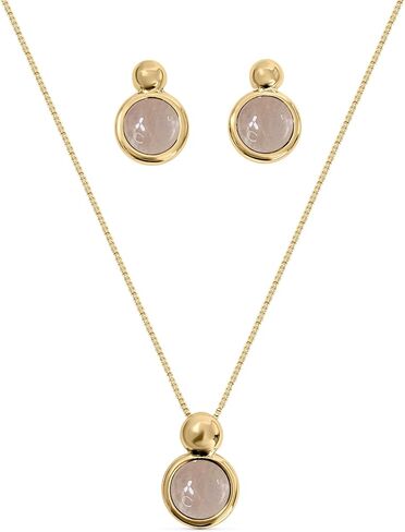 Brazilian Designed Gold Plated Earrings and Necklace with natural gemstone - Comfy Hypoallergenic Statement Jewelry set for Women 0.7 inch (1,8 cm) Made in Brazil in Kuwait