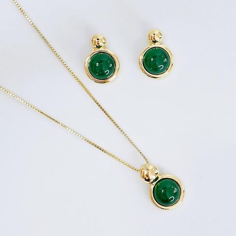 Brazilian Designed Gold Plated Earrings and Necklace with natural gemstone - Comfy Hypoallergenic Statement Jewelry set for Women 0.7 inch (1,8 cm) Made in Brazil in Kuwait