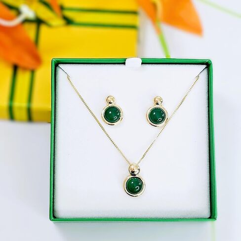 Brazilian Designed Gold Plated Earrings and Necklace with natural gemstone - Comfy Hypoallergenic Statement Jewelry set for Women 0.7 inch (1,8 cm) Made in Brazil in Kuwait