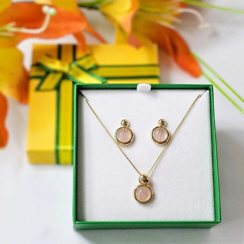 Brazilian Designed Gold Plated Earrings and Necklace with natural gemstone - Comfy Hypoallergenic Statement Jewelry set for Women 0.7 inch (1,8 cm) Made in Brazil in Kuwait