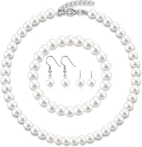 Pearl Jewelry Set for Women Faux Pearl Costume Jewelry Set with Necklace, Bracelets, Ring, Earrings for Wedding Bridal Birthday Tea Party in Kuwait