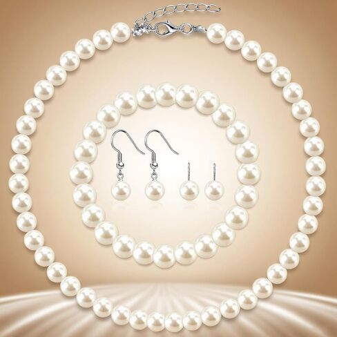 Pearl Jewelry Set for Women Faux Pearl Costume Jewelry Set with Necklace, Bracelets, Ring, Earrings for Wedding Bridal Birthday Tea Party in Kuwait