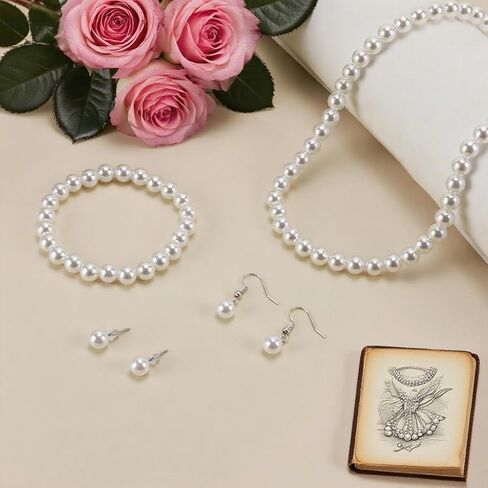 Pearl Jewelry Set for Women Faux Pearl Costume Jewelry Set with Necklace, Bracelets, Ring, Earrings for Wedding Bridal Birthday Tea Party in Kuwait