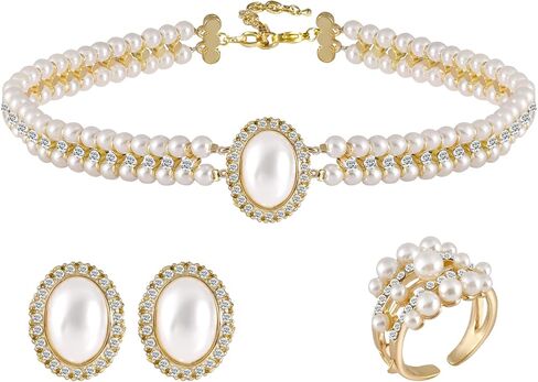 Pearl Jewelry Set for Women Faux Pearl Costume Jewelry Set with Necklace, Bracelets, Ring, Earrings for Wedding Bridal Birthday Tea Party in Kuwait