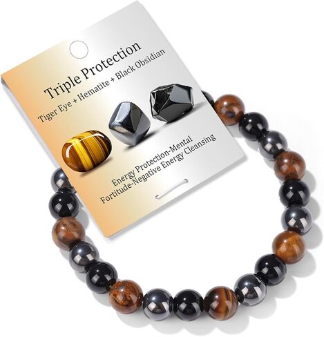 Healing Crystal Triple Protection Bracelet 8mm Crystal Beaded Bracelet for Women Men Natural Stones of Tiger Eye, Hematite, Black Obsidian Handmade Gemstone Reiki Spiritual Jewelry Gifts in Kuwait
