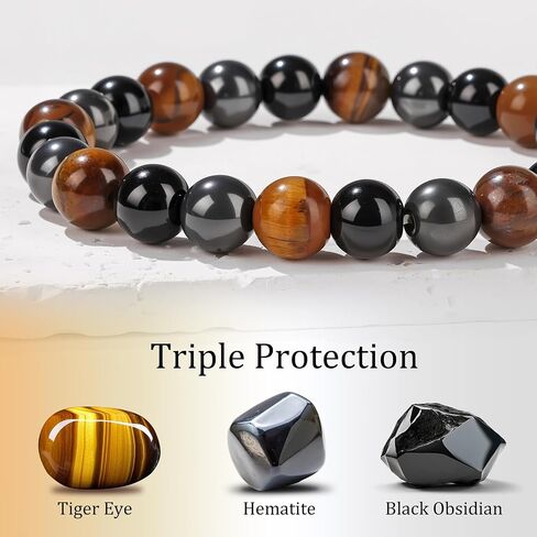 Healing Crystal Triple Protection Bracelet 8mm Crystal Beaded Bracelet for Women Men Natural Stones of Tiger Eye, Hematite, Black Obsidian Handmade Gemstone Reiki Spiritual Jewelry Gifts in Kuwait