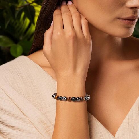 Healing Crystal Triple Protection Bracelet 8mm Crystal Beaded Bracelet for Women Men Natural Stones of Tiger Eye, Hematite, Black Obsidian Handmade Gemstone Reiki Spiritual Jewelry Gifts in Kuwait