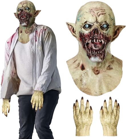 Scary Zombie Head Mask with Gloves - Broken Face Vampire Mask for Adult Halloween Horror Costume Cosplay Props in Saudi Arabia