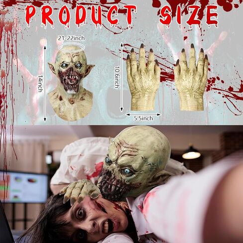 Scary Zombie Head Mask with Gloves - Broken Face Vampire Mask for Adult Halloween Horror Costume Cosplay Props in Saudi Arabia