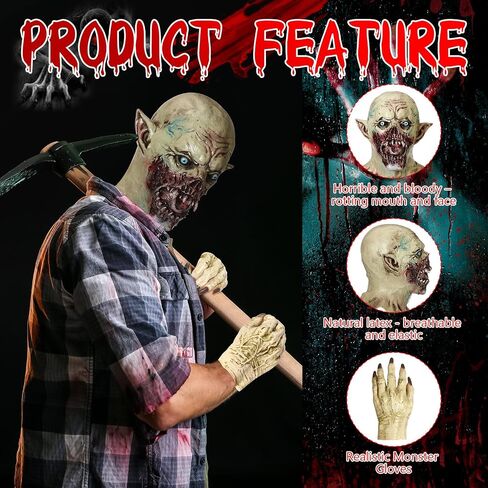 Scary Zombie Head Mask with Gloves - Broken Face Vampire Mask for Adult Halloween Horror Costume Cosplay Props in Saudi Arabia