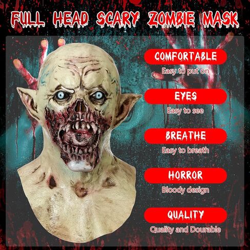 Scary Zombie Head Mask with Gloves - Broken Face Vampire Mask for Adult Halloween Horror Costume Cosplay Props in Saudi Arabia