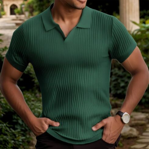 Men's Summer Casual Vertical Stripe Short Sleeve Flip Neck V Neck Polo Shirt in Saudi Arabia