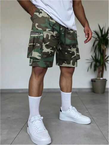 Men's Camo Cargo Shorts Streetwear Drawstring Outdoor Camouflage Shorts with Zipper Pockets in Saudi Arabia