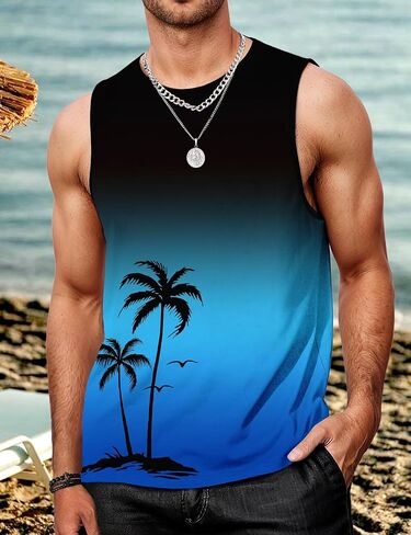 Mens Tank Tops Summer Gradient Sleeveless Shirts Hawaiian Print Vacation Tanks for Men Workout T-Shirt in Saudi Arabia